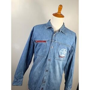 Bugle Boy Denim Shirt L Men's Blue Jeans Button‎ Down print on chest zip Vintage